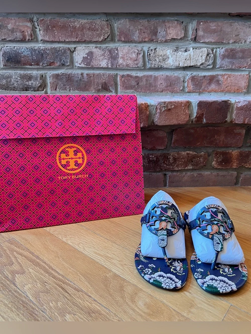 Tory Burch Happy Times Navy Floral Printed Tumbled Leather Miller Sandals